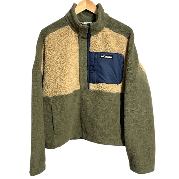 COLUMBIA Lodge Sherpa Relaxed Fit Stone Green Beach Sweatshirt Pullover Top - Picture 15 of 15